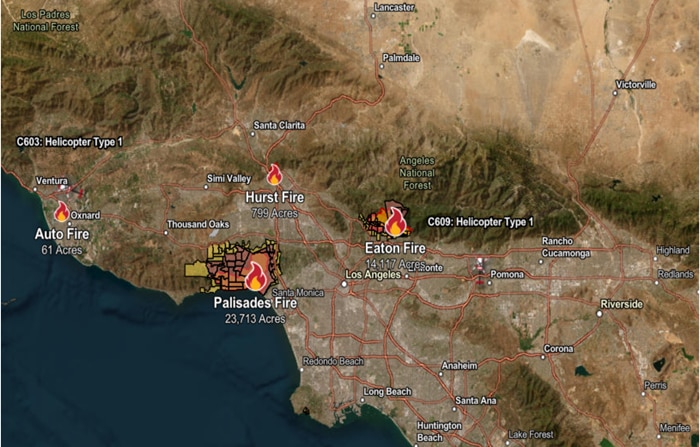 Map shows the geography around Los Angeles with fire areas marked, including the Palisades Fire, Eaton Fire, Hurst Fire and Auto Fire, as of January 15, 2025. A table below the map shows the acreage consumed and containment levels of each of the fires.